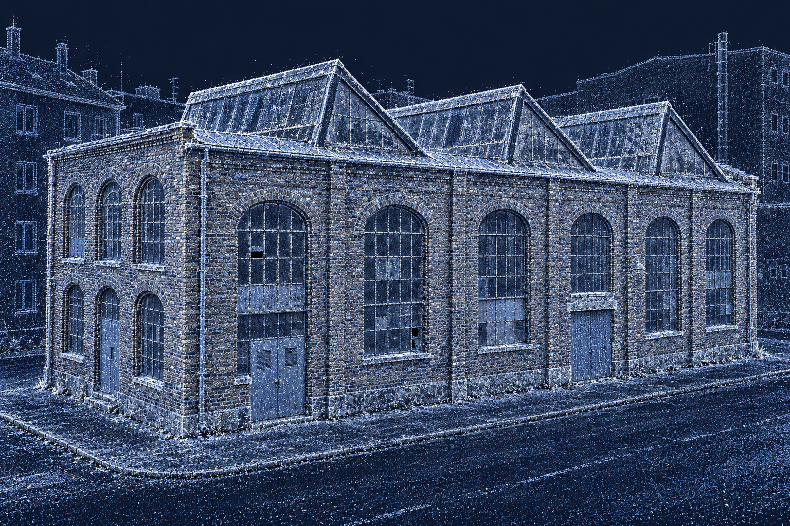 Dieselbe Halle und ihre Nachbargebäude als blauweiße Punktwolke in derselben Perspektive.
