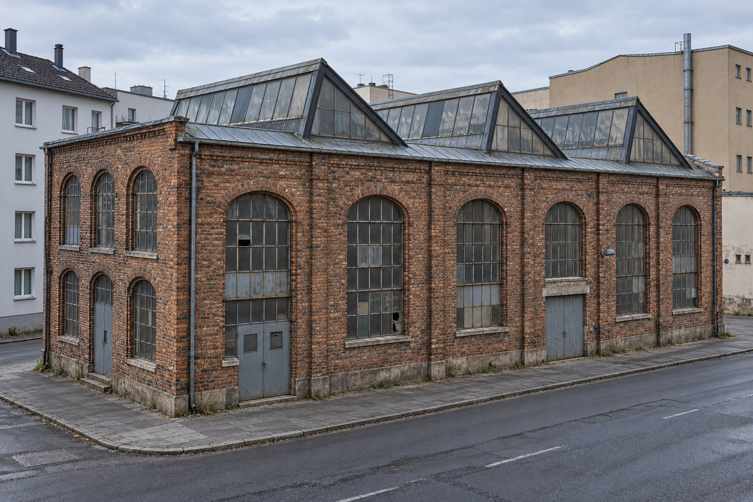 Unscheinbare alte Backsteinhalle mit geschlossenen Fassaden an einer Straße zwischen Wohnhaus und Gewerbebauten.