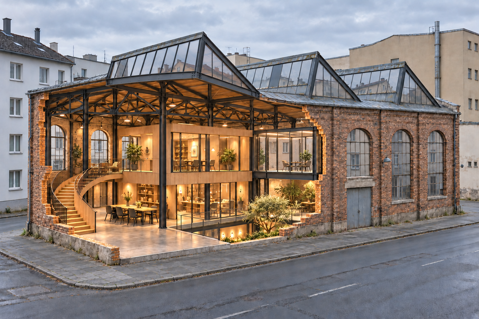 Die Halle öffnet sich im Schnitt: Neue Holzräume, eine geschwungene Treppe und ein Innenhof werden im unveränderten Straßenraum sichtbar.